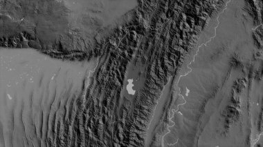 Manipur, Hindistan eyaleti. Gölleri ve nehirleri olan gri tonlu bir harita. Ülke alanına göre şekillendirilmiş. 3B görüntüleme