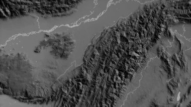 Nagaland, Hindistan Eyaleti. Gölleri ve nehirleri olan gri tonlu bir harita. Ülke alanına göre şekillendirilmiş. 3B görüntüleme