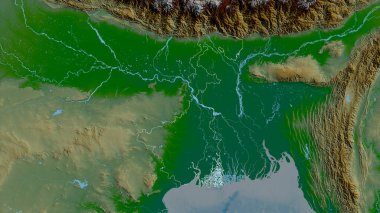 Batı Bengal, Hindistan Eyaleti. Gölleri ve nehirleri olan renkli gölge verileri. Ülke alanına göre şekillendirilmiş. 3B görüntüleme