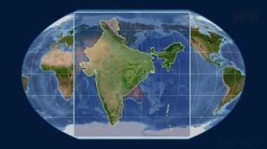 Hindistan 'ın, Kavrayskiy projeksiyonundaki küresel bir haritaya karşı perspektif çizgileriyle yakınlaştırılmış görüntüsü. Şekil merkezli. uydu resimleri