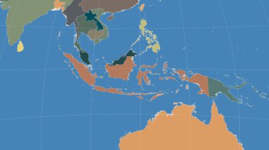 Endonezya ve komşuları. Uzak eğimli perspektif - özet yok. idari bölümlerin renk haritası
