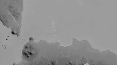 Jakarta Raya, Endonezya 'nın özel bölgesi. Gölleri ve nehirleri olan gri tonlu bir harita. Ülke alanına göre şekillendirilmiş. 3B görüntüleme