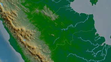 Jambi, Endonezya vilayeti. Gölleri ve nehirleri olan renkli gölge verileri. Ülke alanına göre şekillendirilmiş. 3B görüntüleme