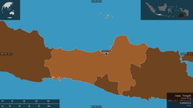 Jawa Tengah, Endonezya şehri. Gölleri ve nehirleri olan katı yapılar. Ülke alanına karşı bilgilendirici örtülerle sunulan şekil. 3B görüntüleme