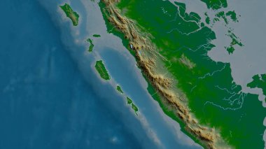 Sumatera Barat, Endonezya vilayeti. Gölleri ve nehirleri olan renkli gölge verileri. Ülke alanına göre şekillendirilmiş. 3B görüntüleme