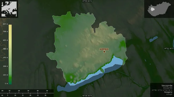 Veszprem Condado Hungría Datos Sombreado Colores Con Lagos Ríos Forma — Foto de Stock
