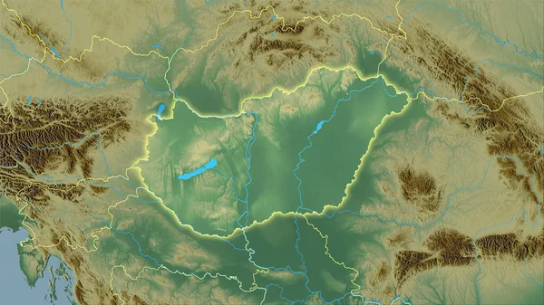 Hungary area on the topographic relief map in the stereographic projection - raw composition of raster layers with light glowing outline