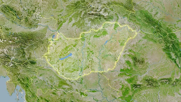 卫星A地图上的匈牙利地区立体投影 具有发光轮廓的栅格层的原始成分 — 图库照片