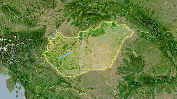 卫星C地图上立体投影中的匈牙利地区 具有发光轮廓的栅格层的原始成分 — 图库照片