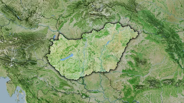 Hungary area on the satellite D map in the stereographic projection - raw composition of raster layers with dark glowing outline