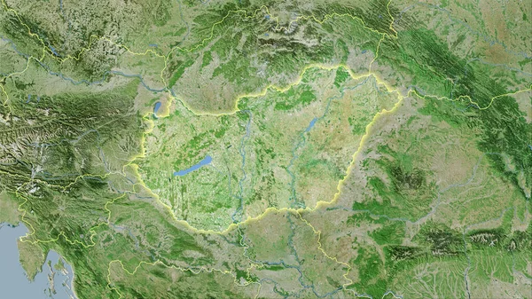 立体投影中卫星D地图上的匈牙利地区 具有发光轮廓的栅格层的原始成分 — 图库照片