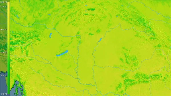 匈牙利地区内带有图例的立体投影日平均气温变化 光栅层的原始成分 — 图库照片