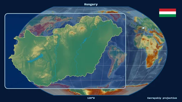 Увеличенный Вид Венгрию Перспективными Линиями Против Глобальной Карты Каврайском Прогнозе — стоковое фото