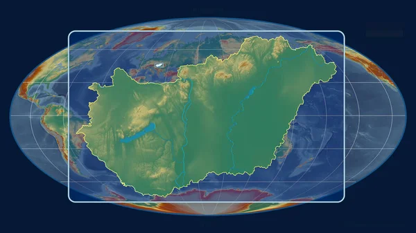 匈牙利的缩放视图 用透视线与摩尔魏德投影中的全球地图进行对比 形体中心 地形起伏图 — 图库照片