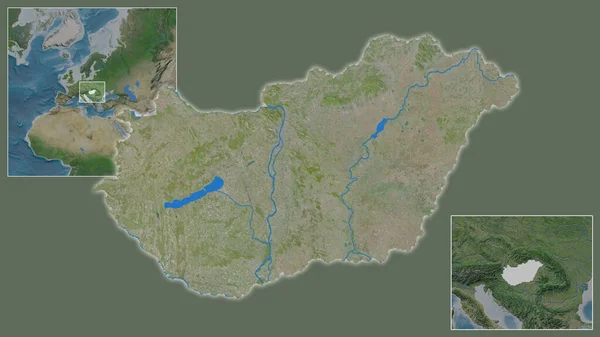 匈牙利的近景及其在该地区的位置 以及在大比例尺世界地图中心的位置 卫星图像 — 图库照片