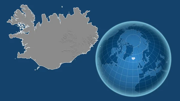 Исландия Глобус Формой Страны Фоне Увеличенной Карты Контуром Выделенным Синем — стоковое фото