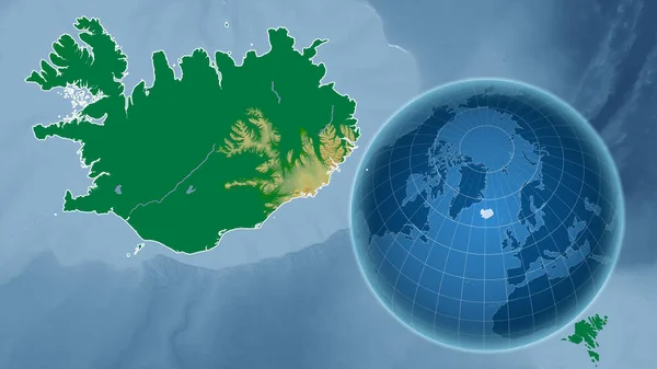 アイスランド アウトラインを持つ拡大地図に対して国の形を持つグローブ 色物理図 — ストック写真