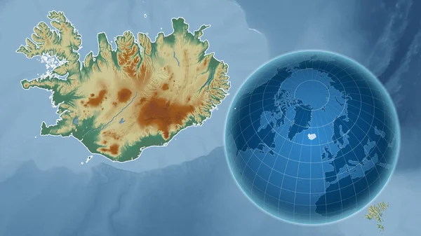 アイスランド アウトラインを持つ拡大地図に対して国の形を持つグローブ 地形図によると — ストック写真