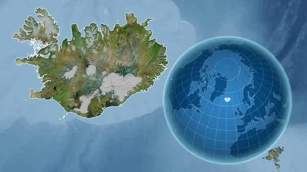 与缩放地图及其轮廓相对照的国家形状的球体 卫星图像 — 图库照片