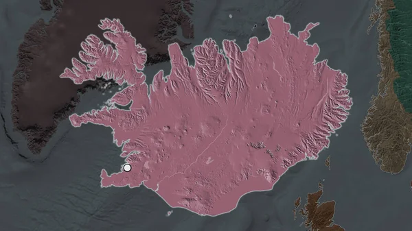 Het Gemarkeerde Gebied Van Ijsland Met Hoofdpunt Gedeukte Kaart Van — Stockfoto