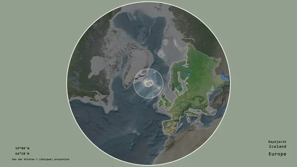冰岛的一个区域 在该大陆的大比例尺地图上有一个圆圈 在绝望的背景下孤立起来 大写的地理推论和名称 卫星图像 — 图库照片