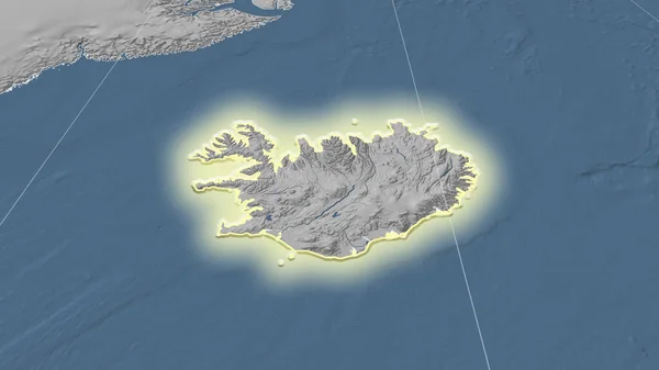 アイスランドとその周辺 遠くの斜めの視点 形状が光った グレースケール標高図 — ストック写真