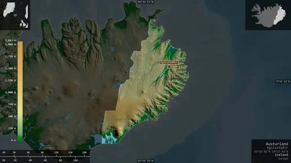 Austurland Região Islândia Dados Sombreados Coloridos Com Lagos Rios Forma — Fotografia de Stock