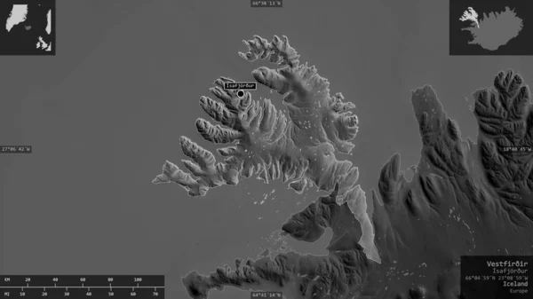 Vestfirir Región Islandia Mapa Escala Grises Con Lagos Ríos Forma — Foto de Stock