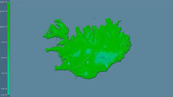 冰岛地区内带有图例的立体投影中最温暖月份的最高温度 光栅层的原始成分 — 图库照片