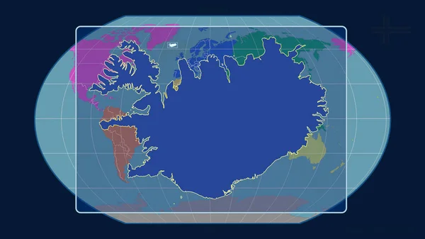 Увеличенный Вид Исландии Перспективными Линиями Против Глобальной Карты Каврайской Проекции — стоковое фото