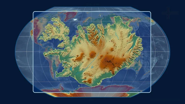 アイスランドのアウトラインを視野に入れ 世界地図に対する視点線をカヴァライスキーの投影で拡大した 形を中心に 地形図によると — ストック写真
