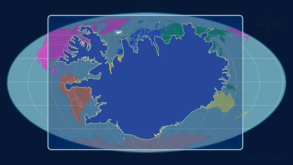 Izland Tekintetében Mollweide Projekcióban Felvázolt Globális Térképpel Szemben Vázolt Perspektívákkal — Stock Fotó