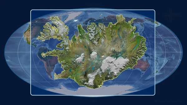 Увеличенный Вид Исландии Перспективными Линиями Против Глобальной Карты Проекции Моллвейда — стоковое фото