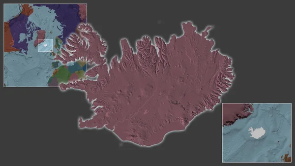 Detailní Záběr Islandu Jeho Umístění Regionu Středu Rozsáhlé Mapy Světa — Stock fotografie