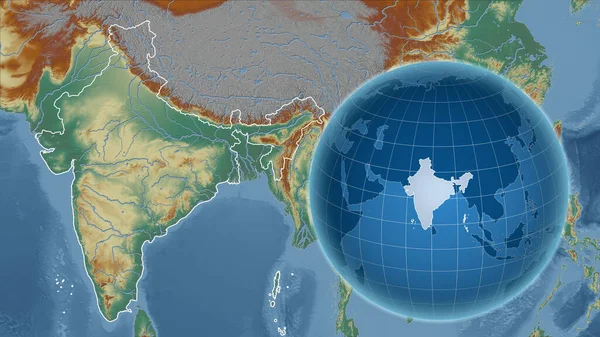 Indie Globe Tvarem Země Proti Zvětšené Mapě Jeho Obrysem Mapa — Stock fotografie