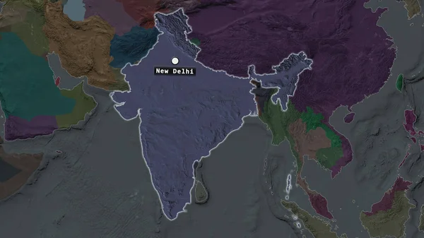 Подчеркнутая Область Индии Заглавной Точкой Меткой Обезвоженной Карте Окрестностей Цветная — стоковое фото