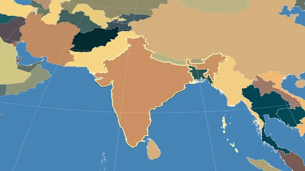 印度及其邻近地区 远斜透视 轮廓轮廓 行政区划的彩色地图 — 图库照片