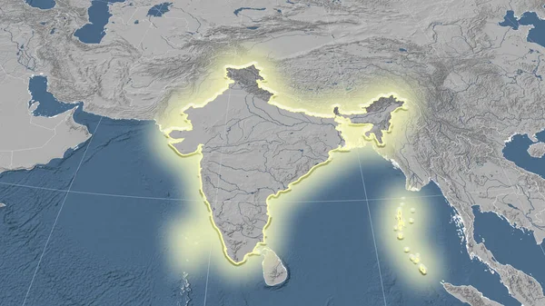 India Its Neighborhood Distant Oblique Perspective Shape Glowed Grayscale Elevation — Stock Photo, Image