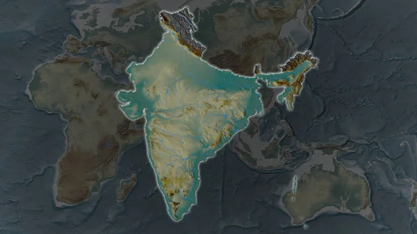 India Area Enlarged Glowed Darkened Background Its Surroundings Relief Map — Stock Photo, Image