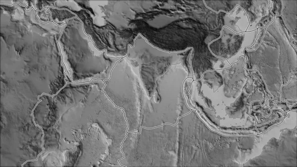 Las Placas Tectónicas Bordean Mapa Escala Grises Las Áreas Adyacentes — Foto de Stock
