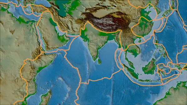 インドプレートエリアに隣接する地域の物理的な地図上の構造プレートの境界 ヴァン グリンテンI予測 斜めの変換 — ストック写真