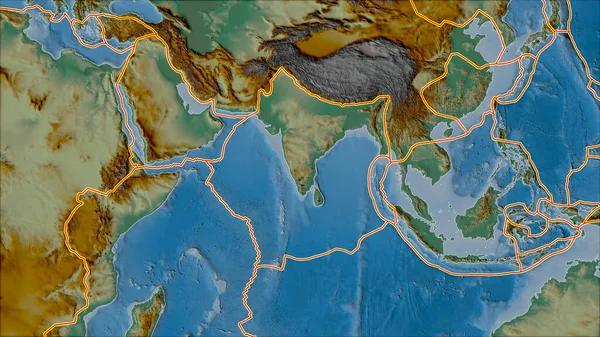 Tectonische Platen Grenzen Aan Reliëfkaart Van Gebieden Grenzend Aan Het — Stockfoto