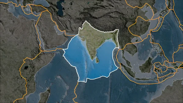 Індіанська Тектонічна Плита Карті Супутника Розділена Падінням Прилеглих Територій Проекція — стокове фото