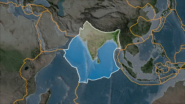 衛星上のインドの地殻プレートの概要隣接する地域の砂漠化によって分離された地図 ヴァン グリンテンI予測 斜めの変換 — ストック写真