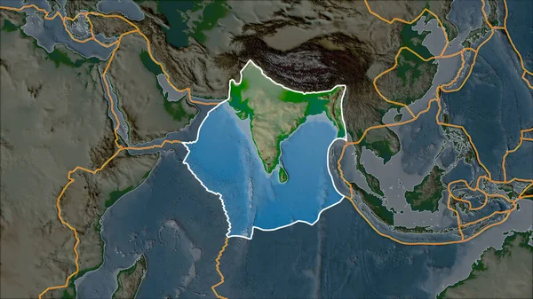 隣接する地域の砂漠化によって分離された物理的地図上のインドの地殻プレートの概要 ヴァン グリンテンI予測 斜めの変換 — ストック写真