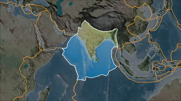 Placa Tectónica India Delineada Mapa Topográfico Separada Por Desaturación Sus — Foto de Stock