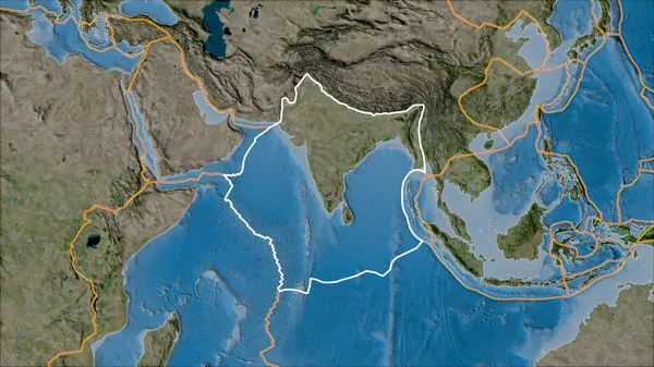 Skisserad Indisk Tektonisk Platta Och Gränser För Angränsande Plattor Satellit — Stockfoto