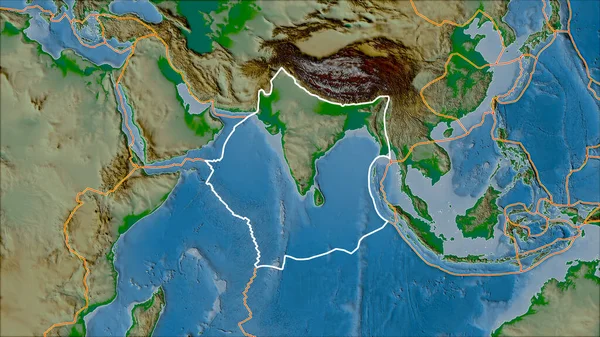Placa Tectónica India Delineada Bordes Placas Adyacentes Mapa Físico Proyección — Foto de Stock