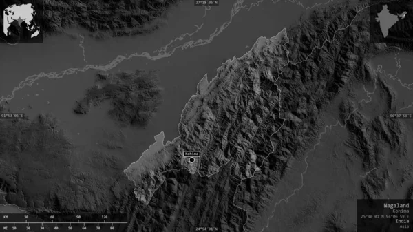 Nagaland Estado Índia Mapa Acinzentado Com Lagos Rios Forma Apresentada — Fotografia de Stock