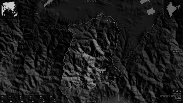 Sikkim Statul India Hartă Scară Gri Lacuri Râuri Forma Prezentată — Fotografie, imagine de stoc